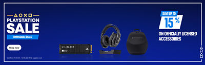 PlayStation Black Friday banner with text “Save up to 15% on officially licensed accessories.” Shows PlayStation-licensed products including a WD_BLACK NVMe SSD, a wireless gaming headset with base stand, and a PlayStation VR2 carrying case on a blue and purple background with PlayStation symbols. Text at bottom: “Sale from 11/21/25 – 12/24/25. While supplies last.”