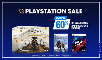 PlayStation sale graphic on a blue background with the text “Save up to 60% on select games and Collector’s Editions.” Game covers displayed include Ghost of Yotei Collector’s Edition, God of War Ragnarök, and Gran Turismo 7. White PlayStation frame lines border the image.