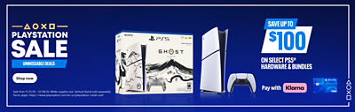 Promotional image with “PlayStation Sale – Unmissable Deals” text on the left. To the right, a limited-edition Ghost of Yotei PS5 console and controller are shown alongside another standard PS5 console. White text on the right reads “Save up to $100 on select PS5 hardware & bundles,” with payment logos for Klarna and PlayStation Visa card.