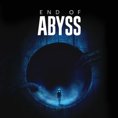 The cover art for "End of Abyss," showing a tiny astronaut standing at the entrance of a massive, dark, circular portal that looks like deep space, while two giant robotic hands rest on the rim.