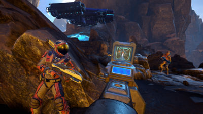 Farpoint player uses a rock as cover while precisely aiming at alien target.