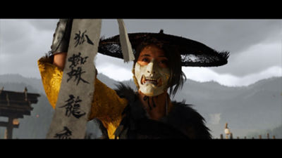 Atsu holding up her sash with the names of her enemies, the Yotei six