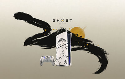 A limited edition PlayStation 5 console and DualSense controller designed with artwork inspired by Ghost of Yotei. The console features a black ink-style illustration of a mountainous landscape on a white background, while the controller includes matching black and white artwork with a silhouette of a samurai. The Ghost of Yotei logo is centered above the scene.