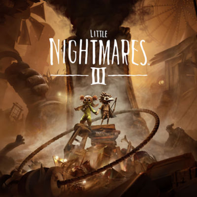 The cover art for "Little Nightmares III," featuring two small, masked children standing on a pile of junk in a vast, surreal wasteland, with a giant baby-like hand looming nearby.