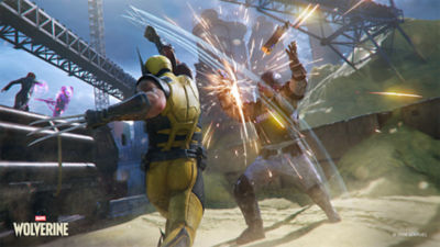 Wolverine slashes an armed enemy with his claws, sending sparks flying during a battle at an industrial facility. Marvel Wolverine logo.