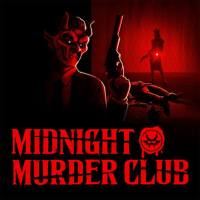 The cover art for "Midnight Murder Club." It features a devilish man holding a gun in the foreground, while a crowned woman stands over a body with a smoking gun in the background, all lit in red and black.