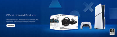  A gradient dark and light blue background with subtle PlayStation button symbols (triangle, circle, cross, square). The left side features white text that reads: “Official Licensed Products. Designed for you. Approved by us. Unique and innovative third-party gaming accessories.” The right side showcases various licensed accessories including a wireless headset , a racing wheel with pedals, an external Seagate hard drive, an arcade fight stick, and a white carrying case with a portable display. In the bottom-right corner is the PlayStation Official Licensed Product logo.