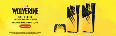 Promotional banner for Marvel Wolverine Limited Edition PS5® console bundles and accessories. Two PS5 consoles with Wolverine-inspired console covers and a matching yellow and black DualSense® wireless controller are displayed on a yellow background. Text reads: "Marvel Wolverine. Limited Edition. PS5® console bundles and accessories. Available starting September 15, 2026. Pre-order now."