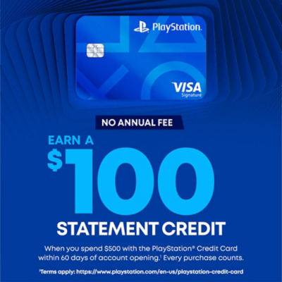 PlayStation Credit Card offer — earn $100 credit after $500 spend in 60 days. No annual fee. Blue PS5 Visa card featured prominently.