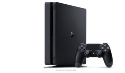 PS4 Console standing next to a Jet Black DS4 wireless controller. Vertical stand sold separately. 