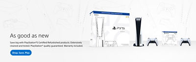 Marketing banner for PlayStation 5 Certified Refurbished products. Shows a PS5 console, DualSense controller, and PS5 box against a light background with outlined illustrations of various PlayStation hardware. Headline reads: “As good as new.” Subtext: “Save big with PlayStation®5 Certified Refurbished products. Extensively cleaned and tested. PlayStation® quality guaranteed. Warranty included.” Button: “Shop. Save. Play.”