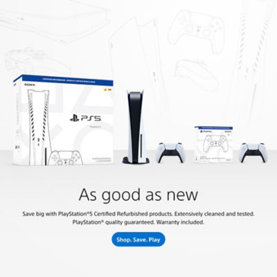 alt="As good as new. Save big with PlayStation 5 Certified Refurbished products. Extensively cleaned and tested. PlayStation quality guaranteed. Warranty included."