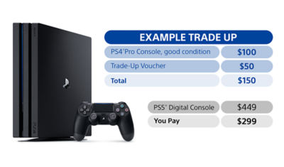 Example trade up. PS4 Pro Console, good condition = $100. Trade-Up Voucher = $50. Total = $150. A PS5 Console costs $449, but with the $150 total from Back Market, you could get a brand new PS5 Console for just $299! 