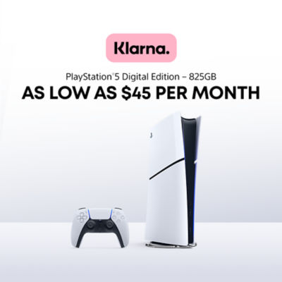 Promotional image for PlayStation 5 Digital Edition with Klarna payment option. The PlayStation 5 console and DualSense wireless controller are displayed on a white background. Text above reads: “Klarna. PlayStation 5 Digital Edition – 825GB. As low as $45 per month