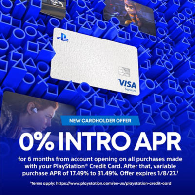 Promotional banner for the PlayStation® Credit Card. A PlayStation® Credit Card is shown against a blue background featuring PlayStation shapes and game imagery. Text reads: “New cardholder offer. 0% intro APR for 6 months from account opening on all purchases made with your PlayStation® Credit Card. After that, variable purchase APR of 17.49% to 31.49%. Offer expires 1/8/27.” Fine print states: “Terms apply.”
