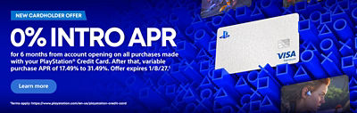 Promotional banner for the PlayStation® Credit Card. A PlayStation® Credit Card is shown against a blue background featuring PlayStation shapes and game imagery. Text reads: “New cardholder offer. 0% intro APR for 6 months from account opening on all purchases made with your PlayStation® Credit Card. After that, variable purchase APR of 17.49% to 31.49%. Offer expires 1/8/27.” A “Learn more” button is displayed. Fine print states: “Terms apply.”