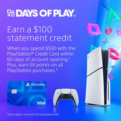 Days of Play promotional banner with PlayStation symbols on a blue and purple gradient background. Text reads: “Earn a $100 statement credit”. Smaller text reads: “When you spend $500 with the PlayStation Credit Card within 60 days of account opening. Plus, earn 5X points on all PlayStation purchases.” A PlayStation Visa credit card, PS5 console, and DualSense wireless controller are shown.