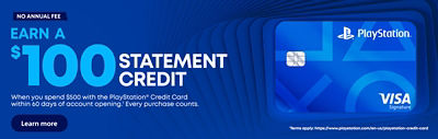 PlayStation Credit Card offer — earn $100 credit after $500 spend in 60 days. No annual fee. Blue PS5 Visa card featured prominently.