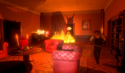 Scene from Midnight Murder Club: A man in a letterman jacket runs through a lavish lounge as fire and flaming demon heads burst from a doorway, casting sinister shadows on the wall. Red leather chairs, bookshelves, and eerie lighting enhance the horror atmosphere