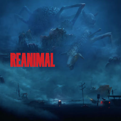 The cover art for "Reanimal," depicting giant, monstrous spider-like creatures with sheep and pig heads looming out of a blue fog over a flooded town where small human silhouettes are visible.