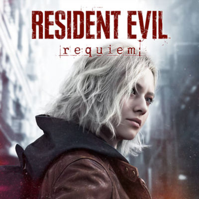 The cover art for "Resident Evil Requiem," featuring a close-up of a young woman with short, white hair and a leather jacket, looking back over her shoulder in a desolate city.