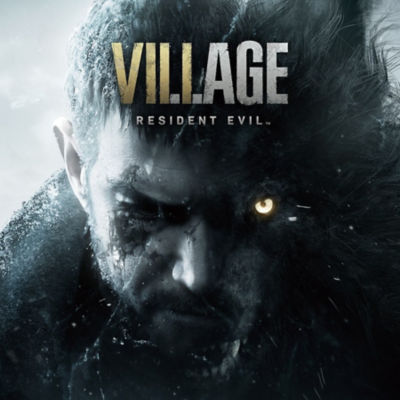 The cover art for "Resident Evil Village," featuring a close-up of Chris Redfield's face partially merged with the profile of a dark werewolf with a single glowing golden eye.