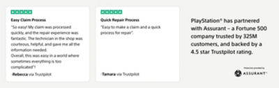 PlayStation and Assurant banner with Trustpilot reviews highlighting easy claims and quick repairs.