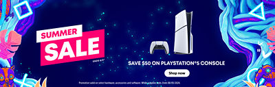 alt="Summer Sale. Save $50 on PlayStation®5 Console. Promotion valid on select hardware, accessories and software. While supplies lasts. Ends 08/05/2024."