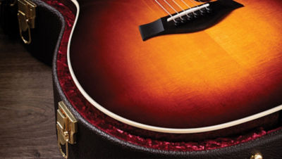 Close up of guitar in hardshell case 