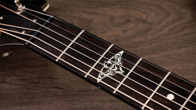 Close up of guitar strings with moth detailing on guitar
