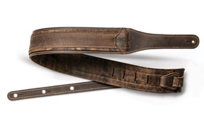 Close up of brown leather guitar strap 