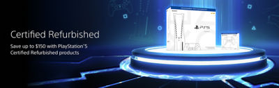 Promotional banner showing PlayStation 5 Certified Refurbished products on a futuristic blue-lit platform. The image features a PS5 console and DualSense controller in their packaging, with text that reads “Certified Refurbished — Save up to $150 with PlayStation 5 Certified Refurbished products.”