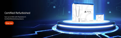 Promotional image for PlayStation 5 Certified Refurbished products. Shows a PS5 console, controller, and packaging on a glowing blue platform with text: “Certified Refurbished. Save up to $150 with PlayStation 5 Certified Refurbished products