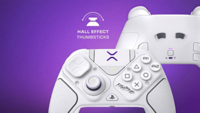A close up of the front and back of a white Victrix controller showing the buttons and fight pad