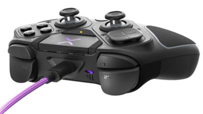 Rear view of the Victrix Pro controller showing programmable back paddles, textured grips, and a central mode switch.