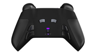 Angled view of the Victrix Pro controller for PlayStation, featuring dual analog sticks, customizable D-pad, and PlayStation face buttons with purple LED accents.