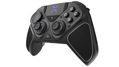 Close-up of the Victrix Pro controller connected via braided cable, showing analog sticks, triggers, and illuminated logo.