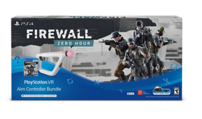 PS VR Aim Controller and a Firewall Zero Hour PS4 VR game case shown on bundle box along with imagery of the Firewall game characters.