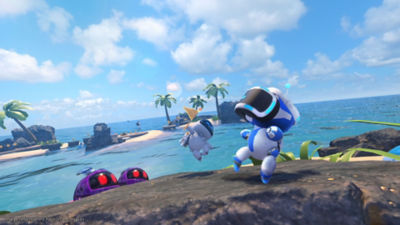 Astro Bot start ASTRO dances on and island with his friends wearing a VR headset.