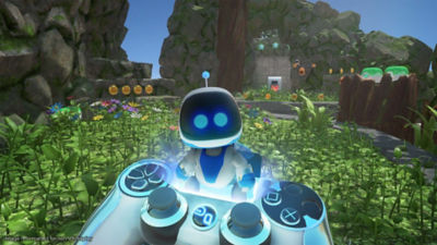 A bot stands in a field in front of a virtual PS4 controller.