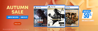 Bright promotional banner with orange tones and PlayStation button shapes. On the left, yellow text reads “Autumn Sale” with a blue banner underneath stating “Limited Time Offer” and “Ends 10/22.” Three PlayStation 5 game cases are centered: The Last of Us Part II Remastered, Ghost of Tsushima Director’s Cut, and Uncharted: Legacy of Thieves Collection. On the right, a blue sticker reads “Save up to 50% on select games.”
