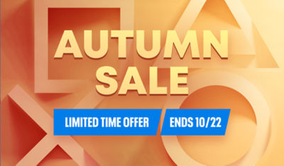 Bright promotional banner with orange tones and PlayStation button shapes. On the left, yellow text reads “Autumn Sale” with a blue banner underneath stating “Limited Time Offer” and “Ends 10/22.”