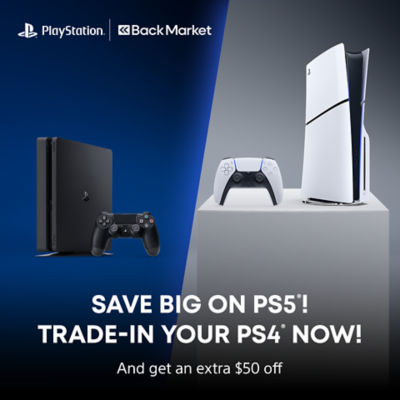 Promotional banner featuring the PlayStation and Back Market logos, a PS4 console and DualShock controller on the left, and a PS5 console and DualSense controller on the right. Text: “Save big on PS5! Trade-in your PS4 now! And get an extra $50 off.”