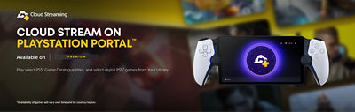 PlayStation Plus promotional banner with the headline “Cloud Stream on PlayStation Portal,” highlighting that members can play select PS5 Game Catalogue titles and games from their library on PlayStation Portal. The image features the PlayStation Portal device with the PlayStation Plus cloud icon on-screen, set against a blurred gaming backdrop in shades of yellow and brown.