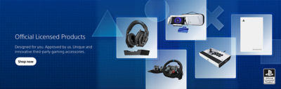 Promotional banner for Official Licensed Products. Text highlights certification and innovation in third-party gaming accessories. Featured products include a gaming headset, steering wheel controller, arcade fight stick, portable SSD, and a white projector. Button reads: “Shop now.” Official Licensed Product logo appears in the bottom right.