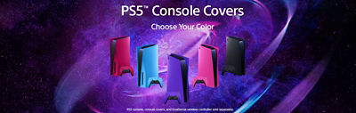 PS5 console covers. Choose your color. Image showing all available colors. Blue, Black, Red, Pink and Purple