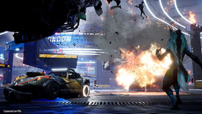 One of the Destruction AllStars' characters runs towards some explosions.