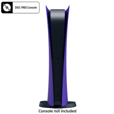 PS5 Digital Edition console with purple cover