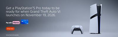 Promotional banner for PlayStation®5 Pro featuring a PlayStation®5 Pro console and DualSense wireless controller. Text reads: "Get a PlayStation®5 Pro today to be ready for when Grand Theft Auto VI launches on November 19, 2026.", "Shop now" and "Vertical Stand sold separately".