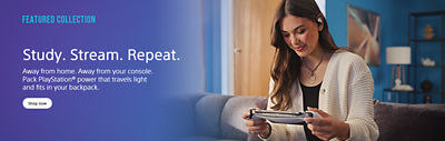 Promotional banner showing a young woman on a sofa using PlayStation Portal with wireless earbuds. Text reads: “Study. Stream. Repeat. Away from home. Away from your console. Pack PlayStation® power that travels light and fits in your backpack.” Button reads: “Shop now.”